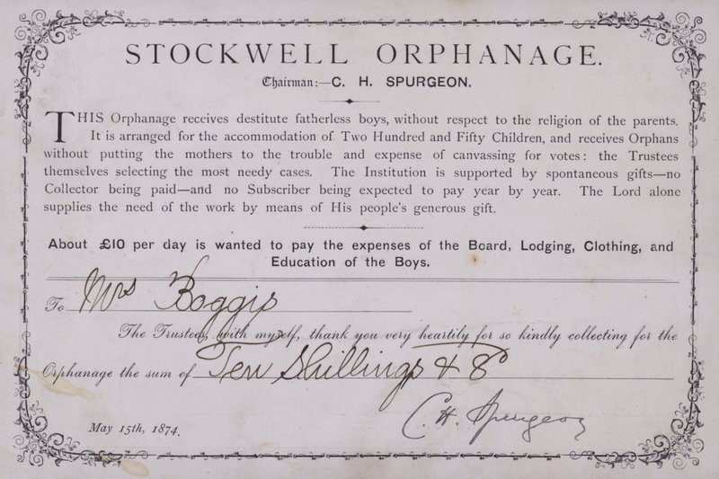 Podziękowanie za darowiznę na rzecz sierocińca Stockwell, Londyn, 1874 r. autorstwa English School