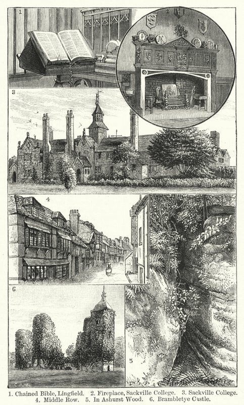 Biblia przykuta, Lingfield; Kominek, Sackville College; Sackville College; Środkowy rząd; W drewnie Ashurst; Zamek Brambletye (rycina) autorstwa English School