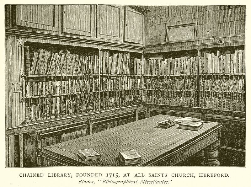 Chained Library, założona 1715, w All Saints Church, Hereford autorstwa English School