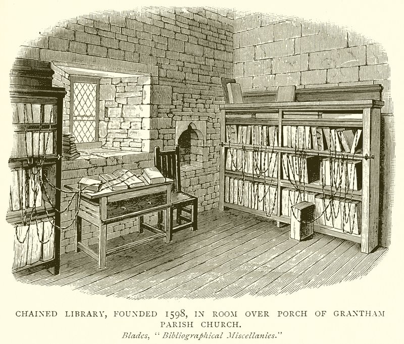Chained Library, założona 1598, w Room over Porch of Grantham Parish Church autorstwa English School