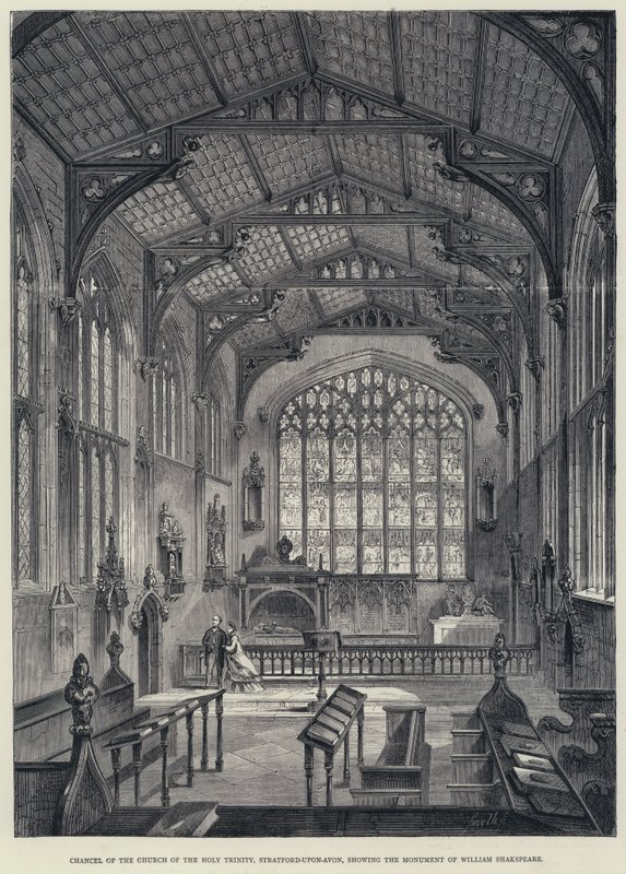 Prezbiterium kościoła Świętej Trójcy, Stratford-upon-Avon, ukazujące pomnik Williama Szekspira (rycina) autorstwa English School