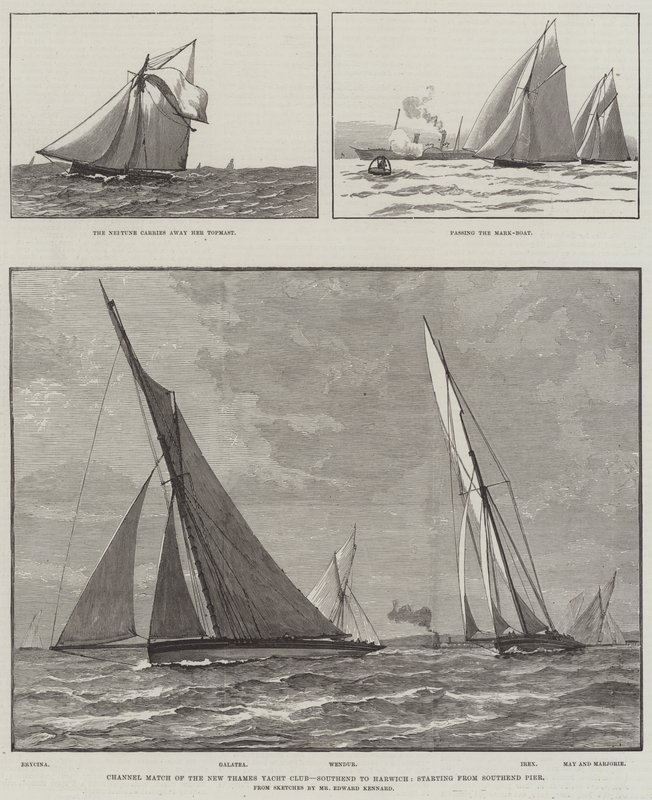 Channel Match z New Thames Yacht Club, Southend do Harwich, zaczynając od Southend Pier (grawerowanie) autorstwa English School