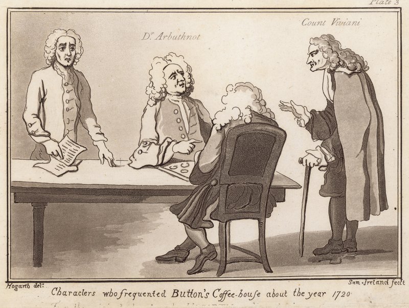 Postacie, które bywały w Buttons Coffee House około roku 1720: dr Arbuthnot, hrabia Viviani autorstwa English School