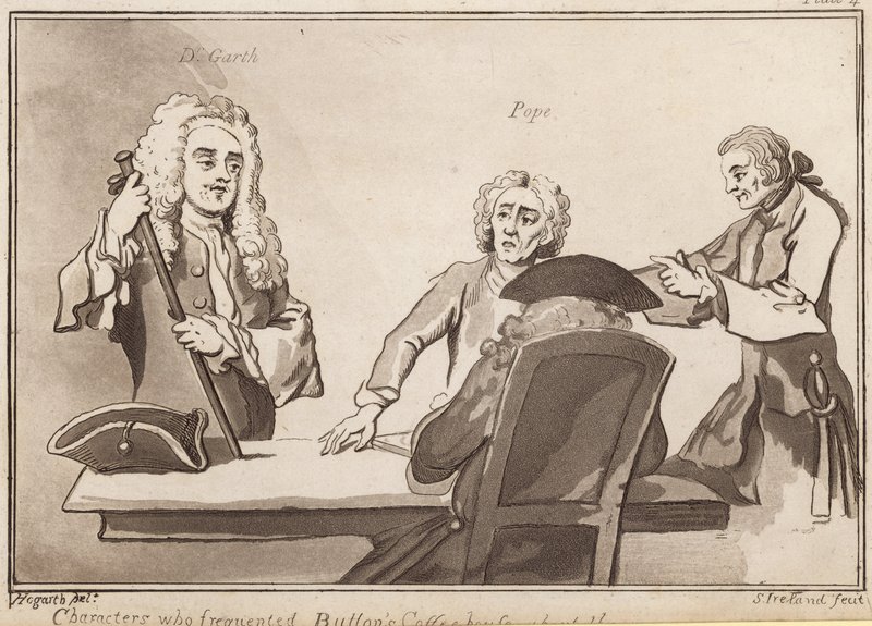 Postacie, które bywały w Buttons Coffee House około roku 1720: Dr Garth, Pope autorstwa English School
