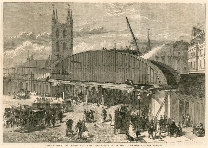 Prace kolejowe Charing Cross: potworny żelazny most dźwigarowy na stacji kolejowej London Bridge autorstwa English School