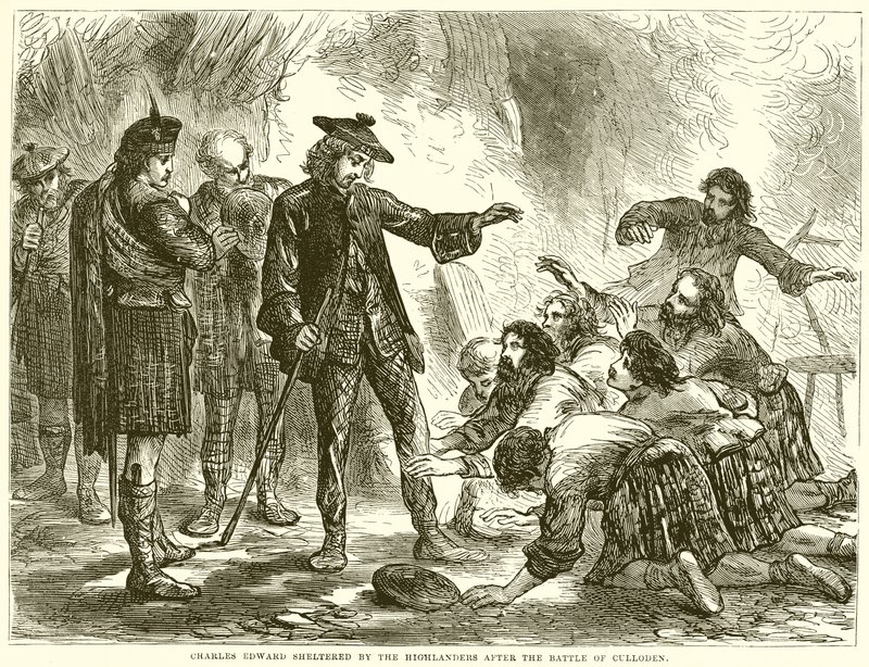 Karol Edward osłonięty przez górali po bitwie pod Culloden autorstwa English School