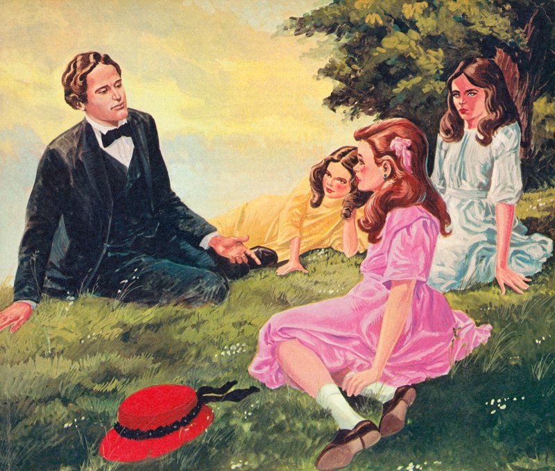 Charles Lutwidge Dodgson opowiadający historie Alice Liddell i jej dwóm siostrom autorstwa English School