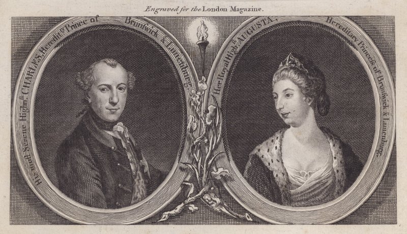 Karol Wilhelm Ferdynand, książę Brunszwiku, i jego żona, księżniczka Augusta, siostra króla Jerzego III (rycina) autorstwa English School