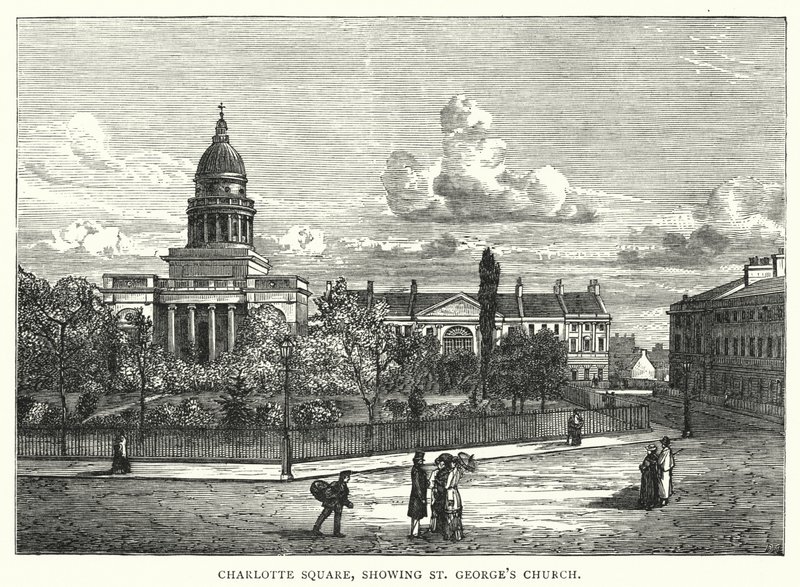 Plac Charlotte, przedstawiający kościół św. Jerzego (rycina) autorstwa English School
