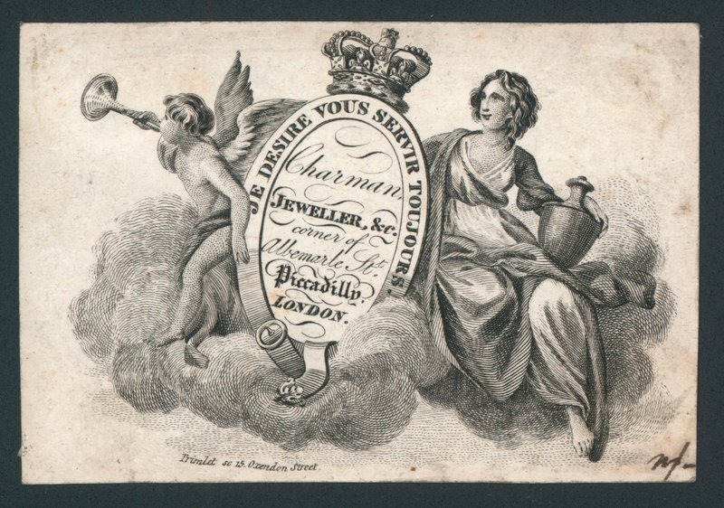 Charman, jubiler, róg Albemarle Street i Piccadilly, karta handlowa autorstwa English School
