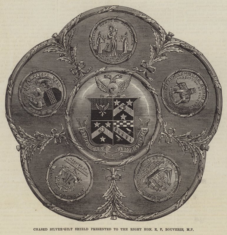 Chased Silver-Gilt Shield wręczona Wielce Szanownej E P Bouverie, MP (grawerowanie) autorstwa English School