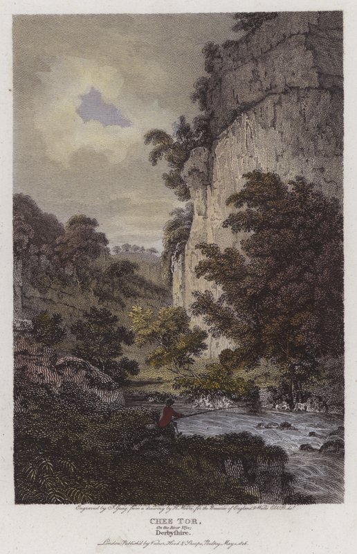 Chee Tor, nad rzeką Wye, Derbyshire (kolorowy grawerunek) autorstwa English School