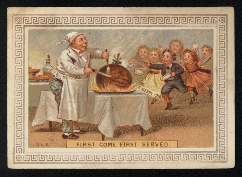 Szef kuchni kroi pudding śliwkowy, kartka z życzeniami świątecznymi. (chromolit) autorstwa English School