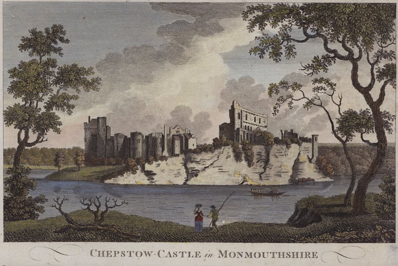 Zamek Chepstow, Monmouthshire (kolorowy grawerunek) autorstwa English School