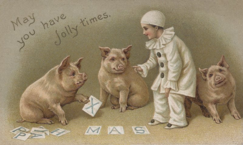 Dziecko w stroju Pierrota z trzema świniami, kartka świąteczna (chromolitho) autorstwa English School