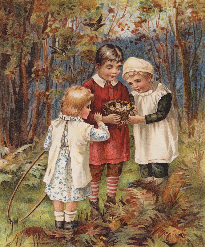 Dzieci znajdujące ptasie gniazdo (chromolitho) autorstwa English School