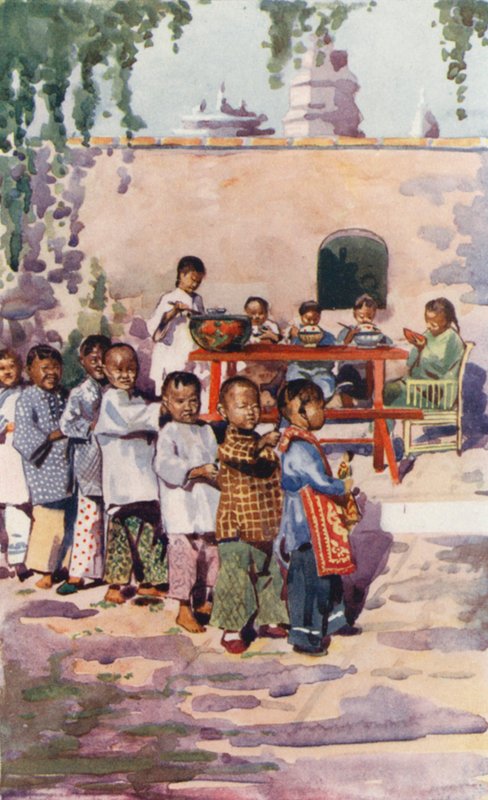 Dzieci Chin: Dzieci podczas jedzenia i zabawy (kolorowa litografia) autorstwa English School