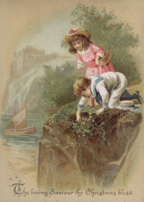 Dzieci zbierające kwiaty na brzegu rzeki, kartka świąteczna (chromolitho) autorstwa English School