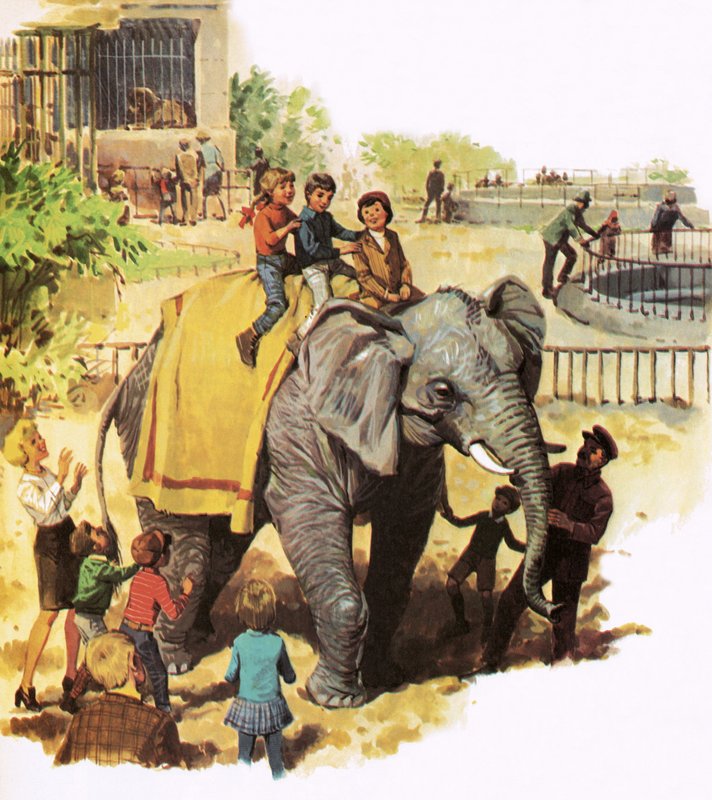 Dzieci jeżdżące na Jumbo w londyńskim zoo autorstwa English School