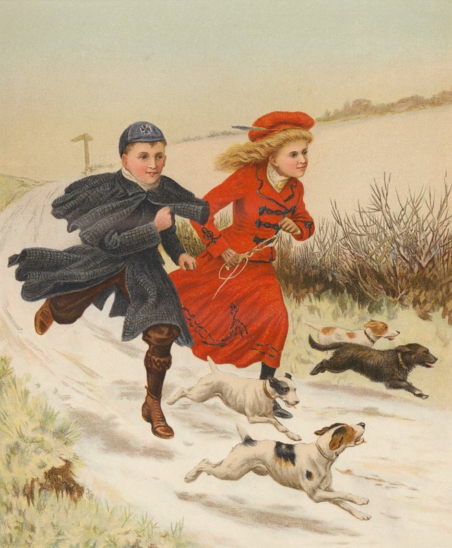 Dzieci biegnące z psami wzdłuż zaśnieżonej drogi (chromolitho) autorstwa English School
