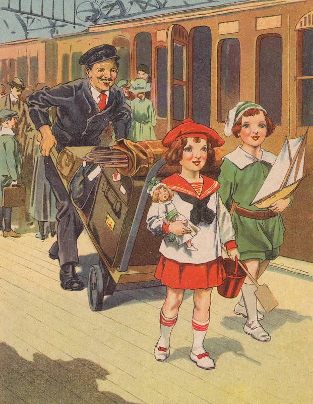 Dzieci podróżujące pociągiem na święta (kolor lito) autorstwa English School