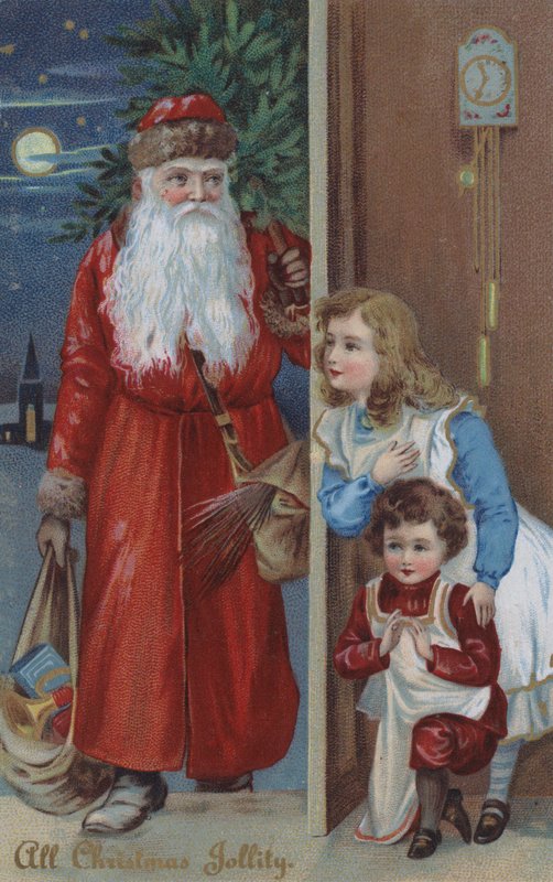 Dzieci czekające na Świętego Mikołaja, kartka świąteczna (chromolitho) autorstwa English School