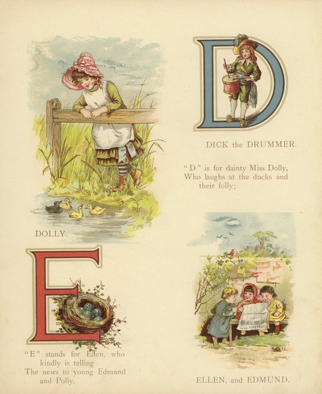 Imiona dla dzieci: Dick the Drummer, Dolly, Ellen, Edmund (kolorowa litografia) autorstwa English School