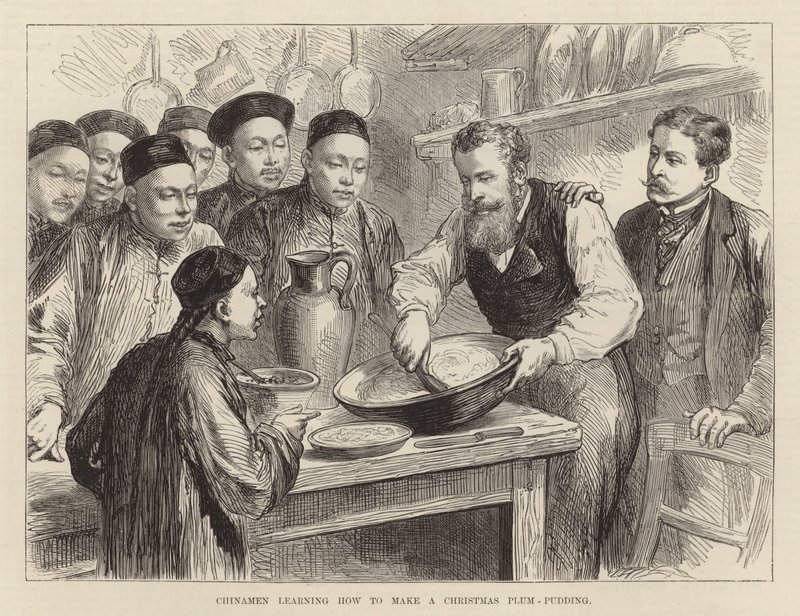 Chińczycy uczący się robić świąteczny pudding śliwkowy (grawerunek) autorstwa English School
