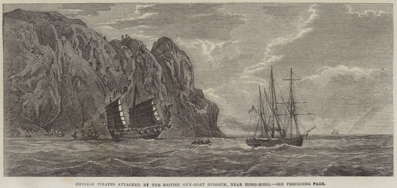 Chińscy piraci zaatakowani przez brytyjską Gun-Boat Opossum, niedaleko Hong-Kongu (rycina) autorstwa English School