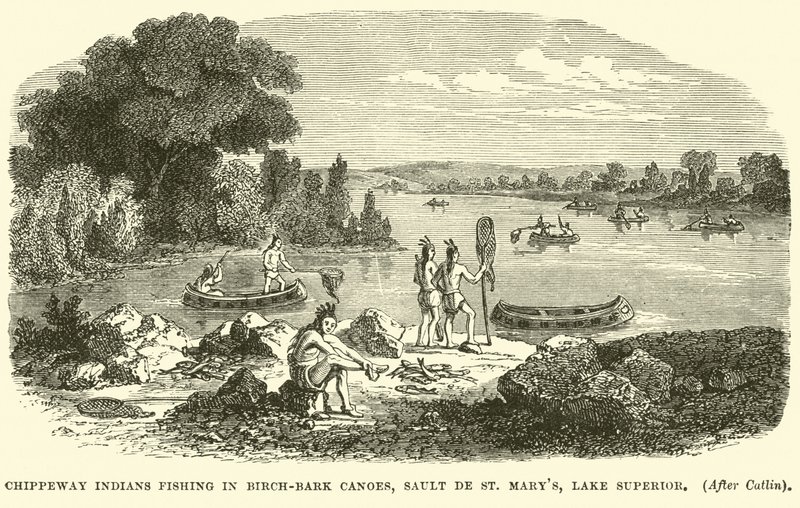 Indianie Chippeway łowią ryby w kajakach z kory brzozowej, Sault de St Marys, Lake Superior autorstwa English School