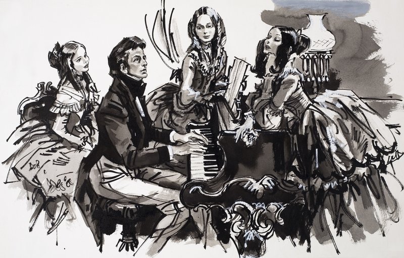 Chopin z wielbicielkami (gwasz na papierze) autorstwa English School