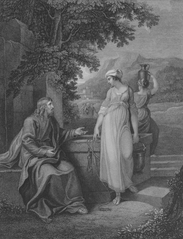 Chrystus i kobieta z Samarii, Ewangelia św. Jana 4, werset 5-27 (rycina) autorstwa English School