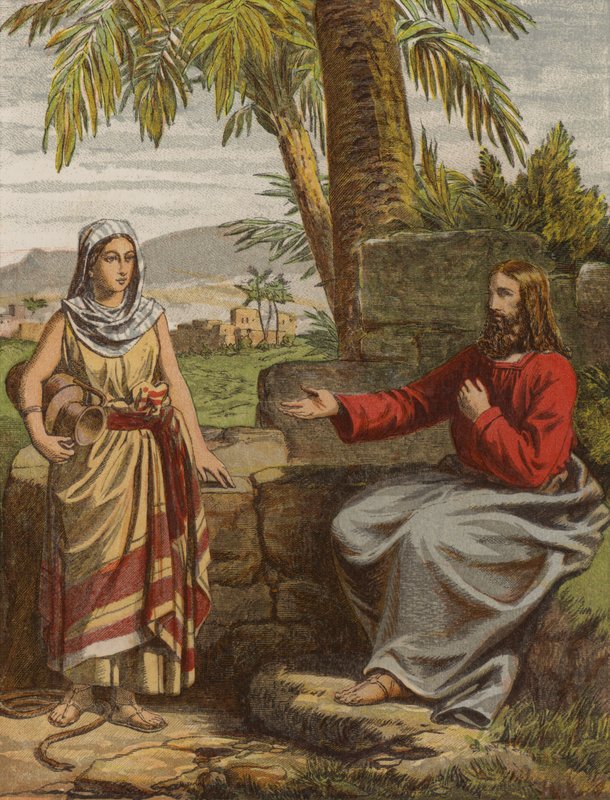 Chrystus i Kobieta z Samarii (chromolitho) autorstwa English School