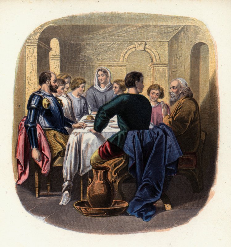 Christiana i pielgrzymi w domu Gaiusa, ilustracja z Wędrówki pielgrzyma Johna Bunyana (kolor litho) autorstwa English School