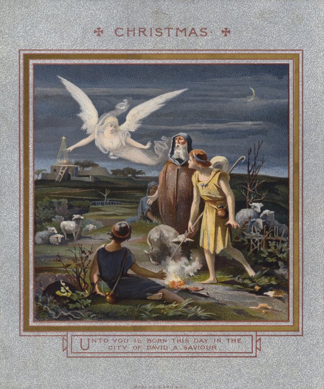 Kartka świąteczna: Pasterze zaalarmowani o narodzinach Jezusa podczas nocnej opieki nad swoimi stadami (chromolitho) autorstwa English School