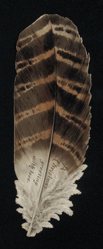 Kartka świąteczna w kształcie piórka, kartka z życzeniami. (chromolit) autorstwa English School