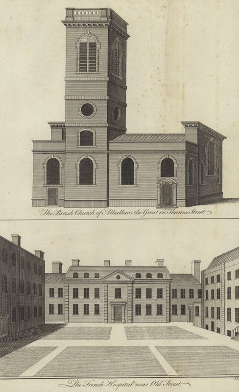 Church of Allhallows the Great, Thames Street i French Hospital w pobliżu Old Street w Londynie autorstwa English School