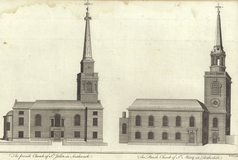 Kościół św Jana, Southwark i Kościół Najświętszej Marii Panny, Rotherhithe autorstwa English School