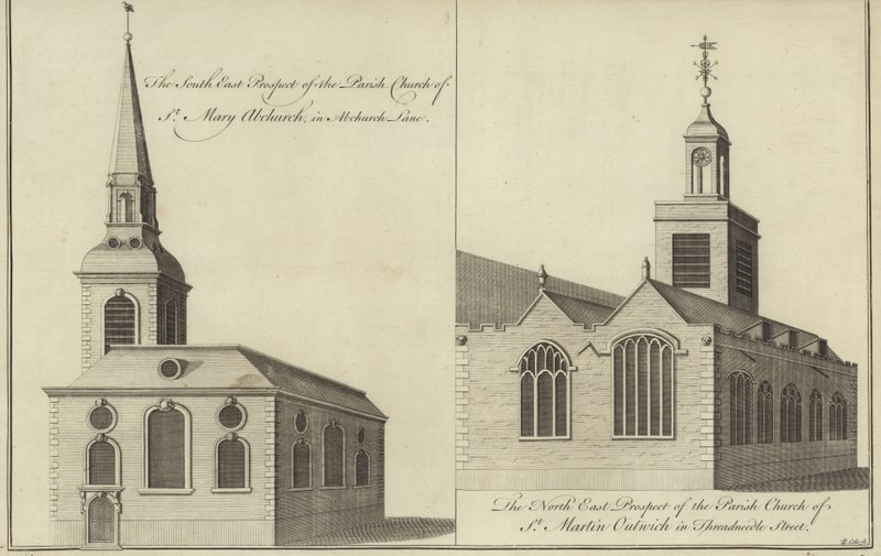 Kościół St Mary Abchurch, Abchurch Lane i Kościół St Martin Outwich przy Threadneedle Street, Londyn autorstwa English School