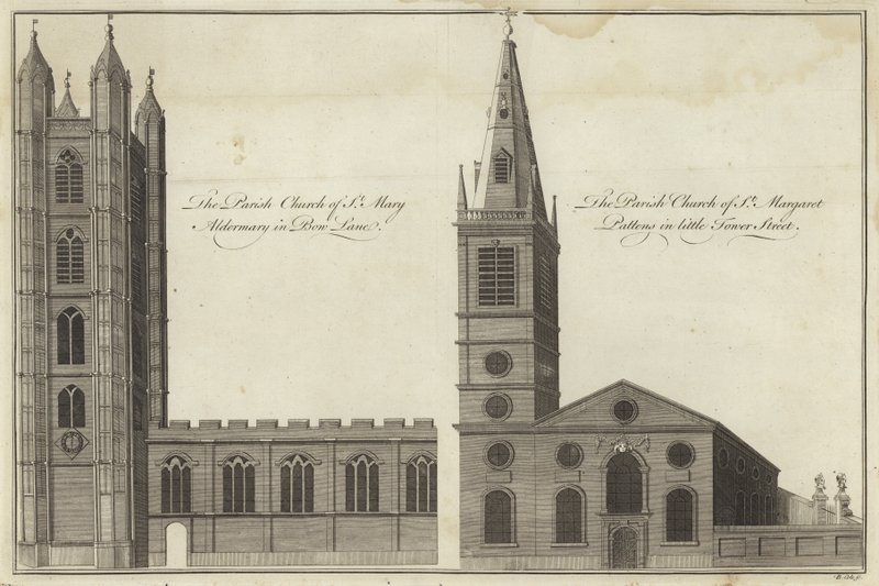 Kościół St Mary Aldermary na Bow Lane i Kościół St Margaret Pattens na Little Tower Street w Londynie autorstwa English School