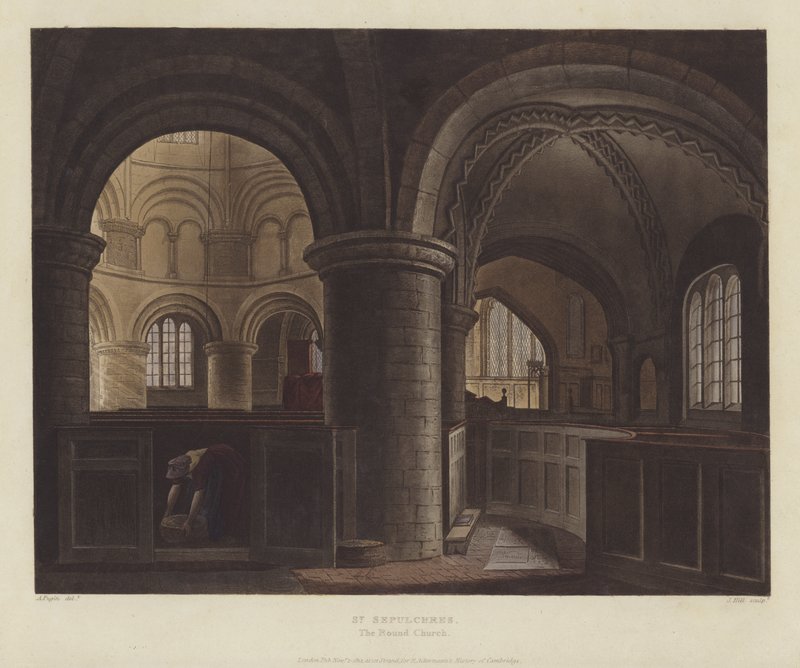 Bazylika Grobu Świętego (Kościół Okrągły), Cambridge (kolorowa rycina) autorstwa English School