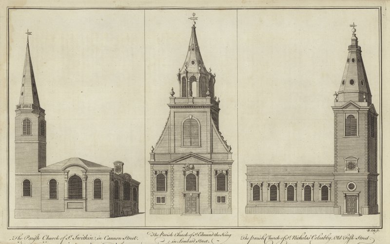 Kościoły św Swithina, Cannon Street, St Edmund the King, Lombard Street i St Nicholas Cole Abbey, Old Fish Street autorstwa English School