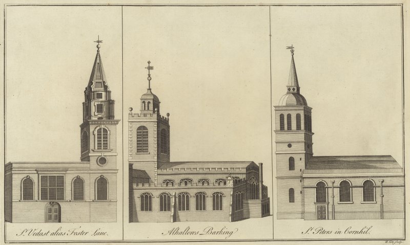 Kościoły St Vedast, Foster Lane, Allhallows, Barking i St Peter w Cornhill w Londynie autorstwa English School