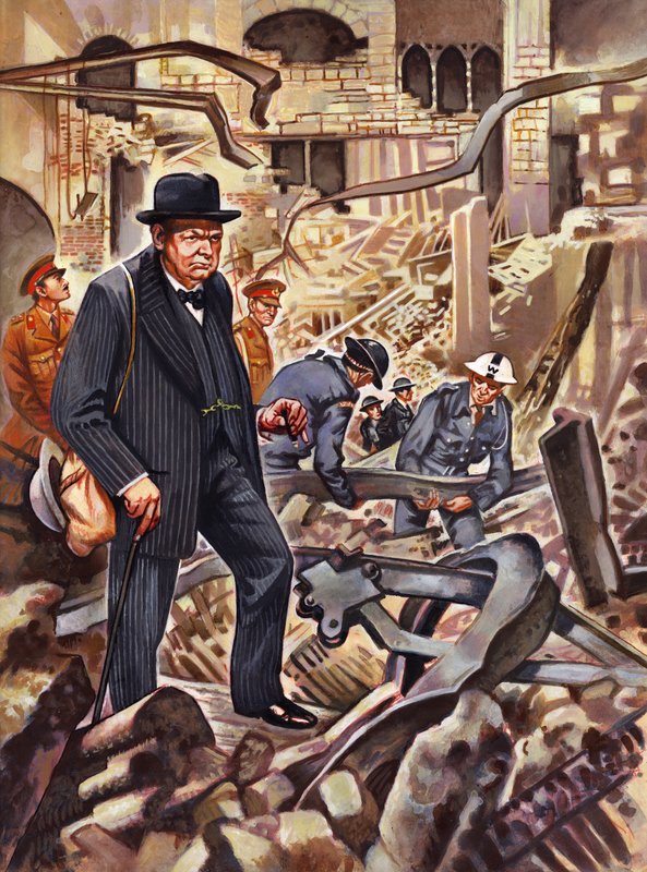 Churchill bada szkody po tym, jak niemiecka bomba zniszczyła część Izby Gmin autorstwa English School