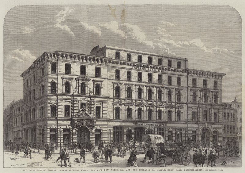 Ulepszenia miasta, messers Thomas Tapling, Beall i nowy magazyn firmy oraz wejście do Haberdasher Hall, Gresham-Street (rycina) autorstwa English School