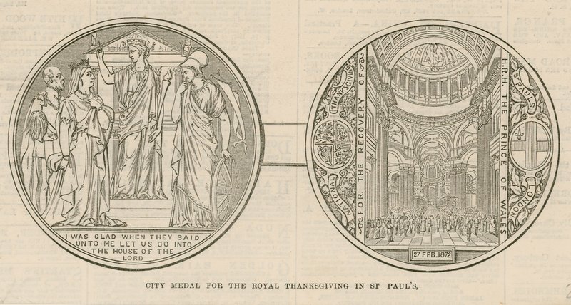 Medal miejski na Królewskie Święto Dziękczynienia w St Pauls Cathedral w Londynie, 27 lutego 1872 r autorstwa English School