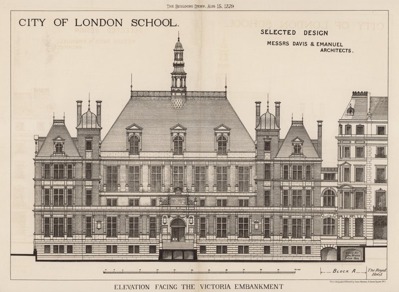 Szkoła City of London; elewacja od strony Victoria Embankment autorstwa English School