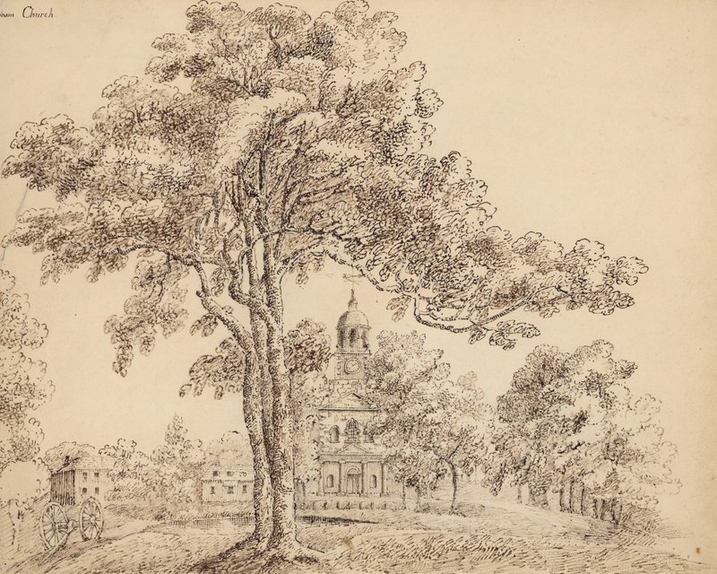 Kościół Clapham, Surrey (tusz na papierze) autorstwa English School