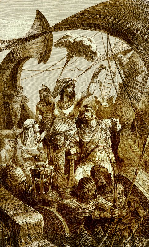 Kleopatra w bitwie pod Akcjum, ilustracja z Ilustrowanej Historii Świata, opublikowana ok. 1880 r. (obraz ulepszony cyfrowo) Kleopatra VII (69-30 p.n.e.), ostatni faraon starożytnego Egiptu; Bitwa autorstwa English School
