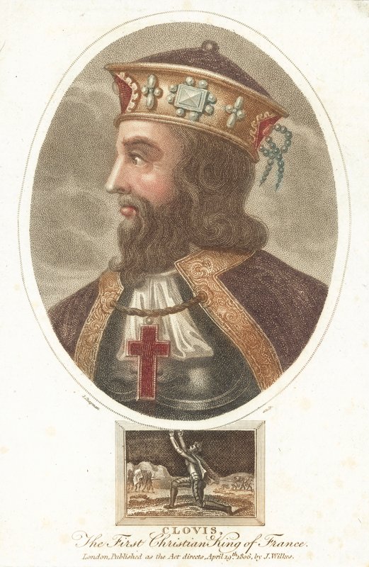Clovis I, pierwszy chrześcijański król Franków (kolorowy grawerunek) autorstwa English School